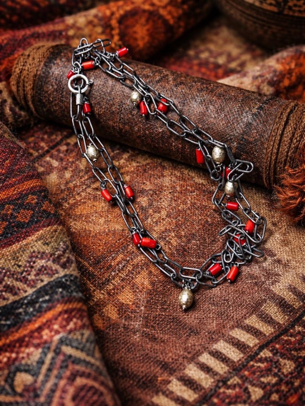 Vintage African Coral with Sterling African Prayer Beads